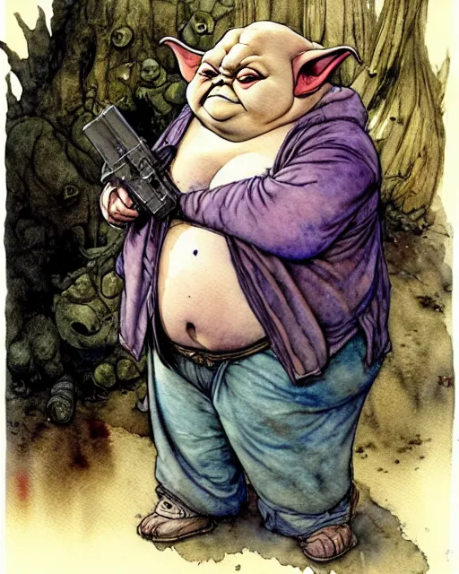 Image similar to a realistic and atmospheric watercolour fantasy character concept art portrait of a fat adorable dirty chibi yoda wearing a wife beater and holding a handgun, by rebecca guay, michael kaluta, charles vess and jean moebius giraud