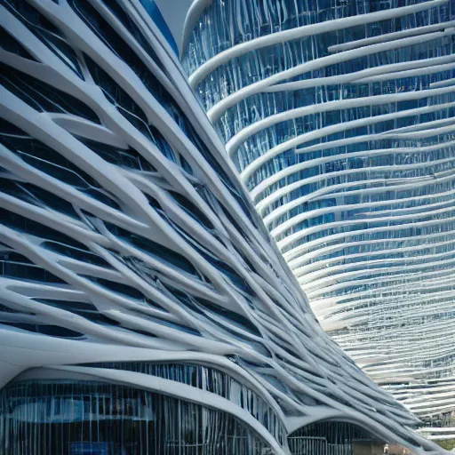 Prompt: futuristic building by zaha hadid and renzo piano, contemporary architecture, photo journalism, photography, cinematic, national geographic photoshoot