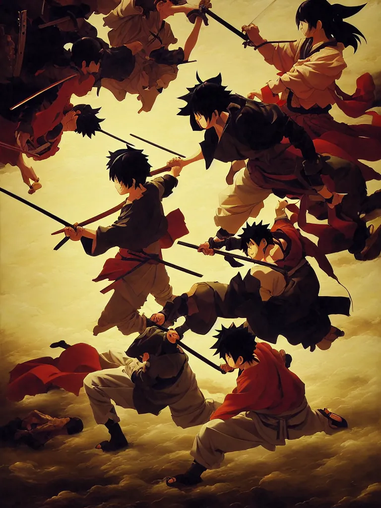 Image similar to baroque oil painting of key visual samurai fight, rule of thirds golden ratio, fake detail, trending pixiv fanbox, acrylic palette knife, style of makoto shinkai ghibli takashi takeuchi yoshiyuki sadamoto jamie wyeth james gilleard greg rutkowski chiho aoshima