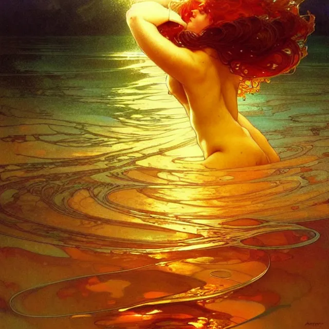 Image similar to mind bending ocean waves of glossy liquid honey drops flowing like psychedelic translucent amber, lsd waves, lsd ripples, backlit, sunset, refracted lighting, art by collier, albert aublet, krenz cushart, artem demura, alphonse mucha