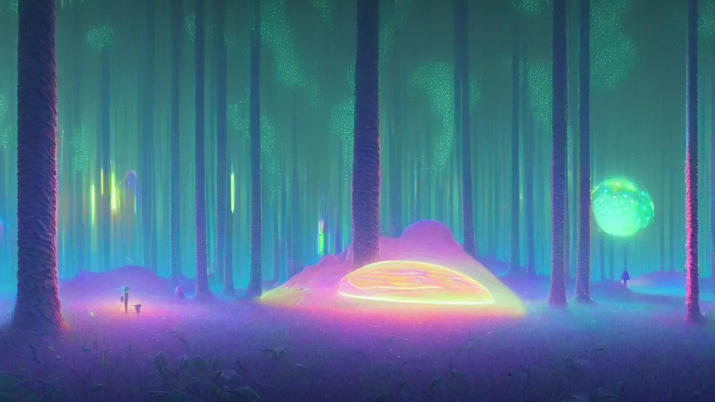 Prompt: highly detailed holographic iridescent glowing ethereal sci fi world with forests, deserts, prismatic fireflies, fog at dusk, by gilbert williams, by simon stalenhag, by beeple, by bruce pennington, by moebius, octane render, with many different pastel shades of blue pink orange yellow green, beautiful volumetric lighting