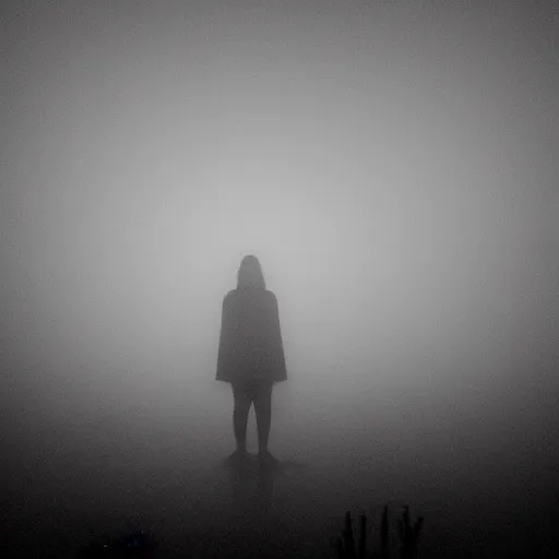 Prompt: dim lights shining through dark fog, emptiness, lonely female figure standing small, spooky found footage, dramatic contrast