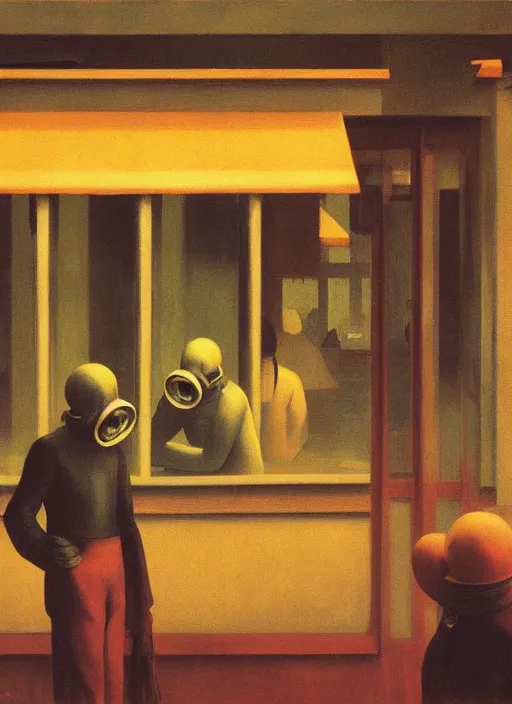 Image similar to spherical people gas masks at flooded restaurant Edward Hopper and James Gilleard, Zdzislaw Beksinski highly detailed