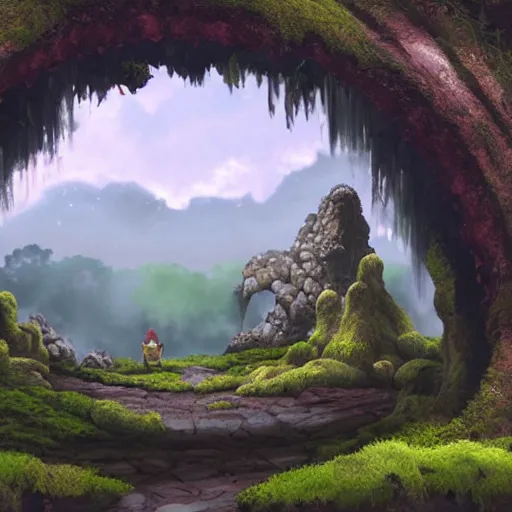 Prompt: round circular evil cave entrance from outside in center frame covered in moss and rocks, large boulders matte painting studio ghibli