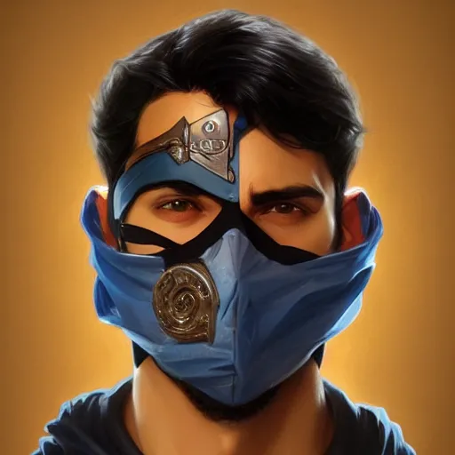 Image similar to ultra realistic illustration, man with black hair with a black mask, in blue hood, highly detailed, digital painting, artstation, concept art, smooth, sharp focus, illustration, art by artgerm and greg rutkowski and alphonse mucha