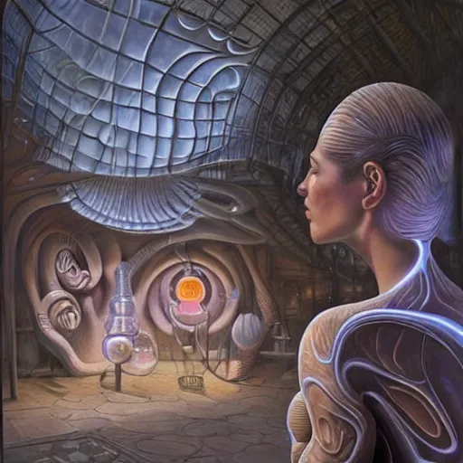 Image similar to detailed face of a woman with opalescent eyes in a biomorphic courtyard with dna sculptures at a science expo, atmospheric, ambient, pj crook, syd mead, livia prima, artgerm, greg rutkowski, nick alm, casey baugh