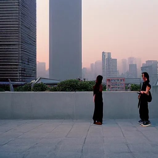 Image similar to a small rooftop with a couple of modern teenagers, standing and talking to each other, wearing black modern clothes, modern shanghai bund is on the background, sunset, by gregory crewdson, by hajime sorayama