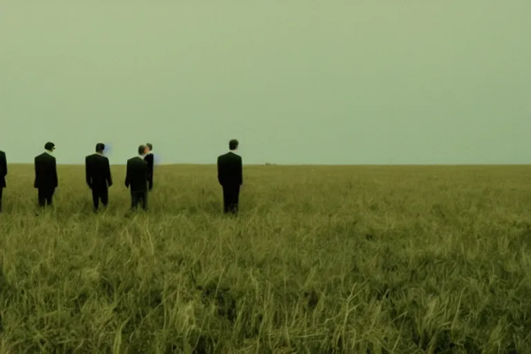 Prompt: 8 mm film still, blurry, grainy, liminal, unsettling, group of tall men in suits in a field at midnight, thunderstorm, dark