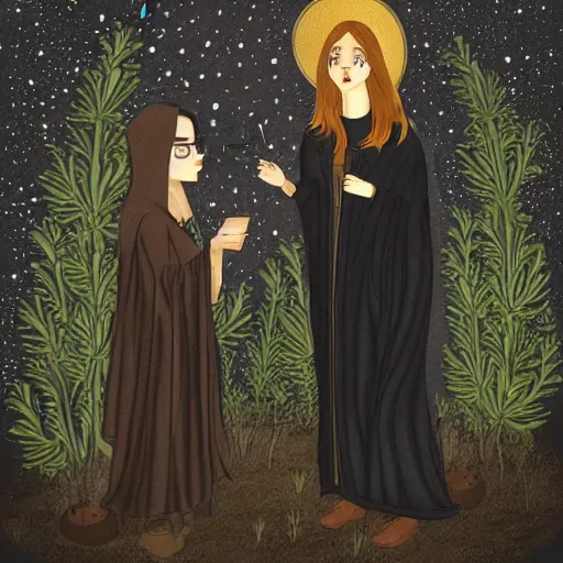 Prompt: a tall goth brunette woman in a black hooded cloak, standing beside a short butch blonde tomboy woman engineer, in a garden at night, soft and romantic, illustration, highly detailed, dark muted colors, constellations