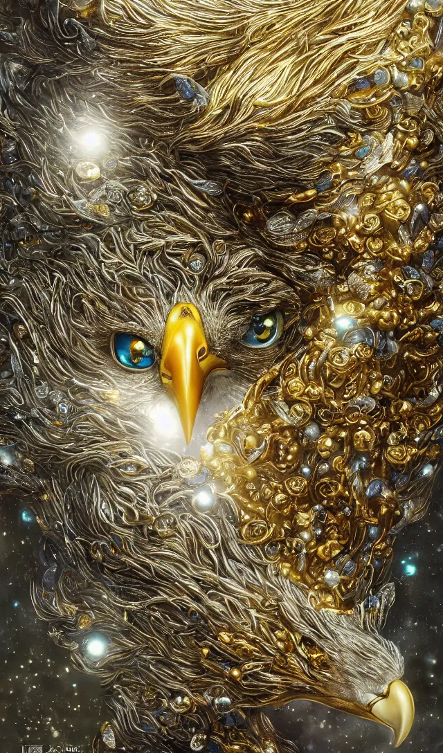 Prompt: best book cover design, glowing silver and golden elements, full close-up portrait of realistic eagle with sapphires, book cover, emerald gem forest, white diamond moon, establishing shot, extremely high detail, photo-realistic, cinematic lighting, by Yoshitaka Amano, Ruan Jia, Kentaro Miura, Artgerm, post processed, concept art, artstation, matte painting, style by eddie mendoza, raphael lacoste, alex ross