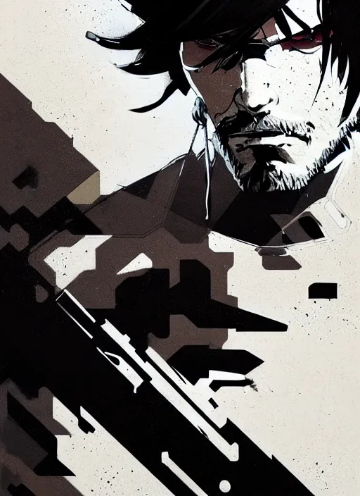 Image similar to highly detailed closeup of a moody solid snake mgs in codek by atey ghailan, by greg rutkowski, by greg tocchini, by james gilleard, by joe fenton, by kaethe butcher, gradient, blue, black, brown and white color scheme muted tones, grunge aesthetic!!! white graffiti tag wall background