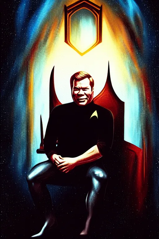 Image similar to a portrait of young william shatner as captain kirk sitting in the captains chair, dark, gothic, sci - fi, portrait, figurativism, muted colors, digital painting in the style of bastien lecouffe - deharme, trending on artstation, detailed