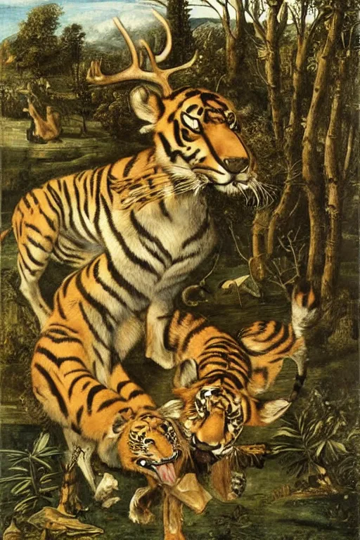 Image similar to the giant tiger hunting a deer, fantasy, renaissance