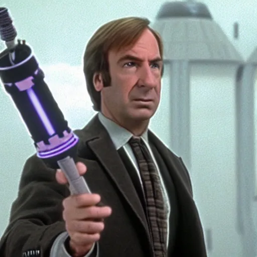 Image similar to A still of Saul Goodman in Star Wars: A New Hope, holding an activated lightsaber, wearing a suit