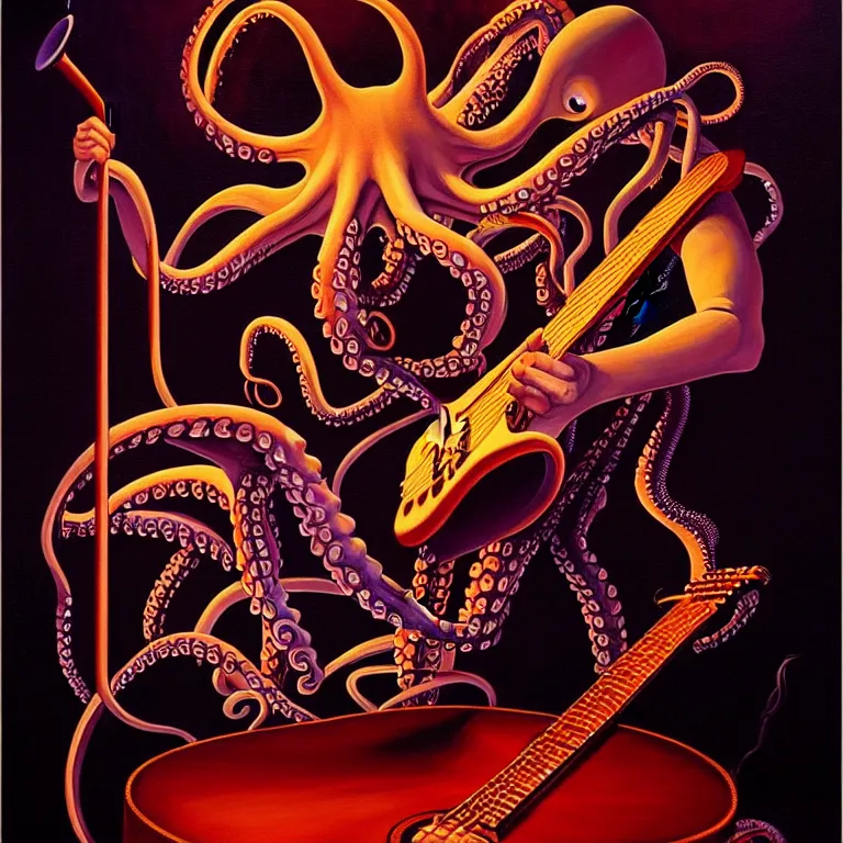 Prompt: a beautiful painting by gerald brom of a couple of octopus playing drums and telecaster guitar in an electronic concert, black background, concert light, dark mood, warm lights