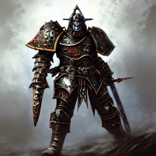 Image similar to a chaos warrior in heavy armor from warhammer, artstation hall of fame gallery, editors choice, # 1 digital painting of all time, most beautiful image ever created, emotionally evocative, greatest art ever made, lifetime achievement magnum opus masterpiece, the most amazing breathtaking image with the deepest message ever painted, a thing of beauty beyond imagination or words