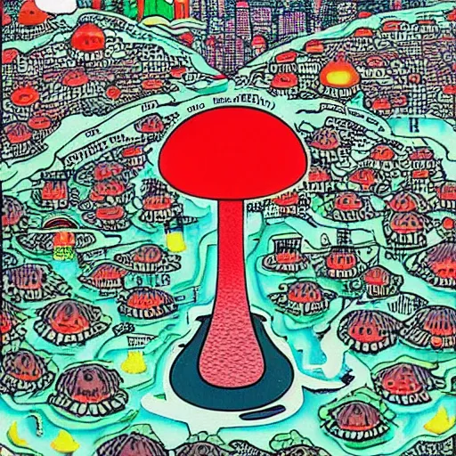 Image similar to nuclear mushroom in Tokyo by Toshio Saeki high detailed, bird's-eye view