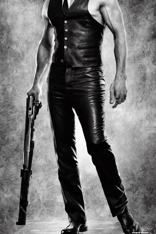 Image similar to romance novel cover with james bond wearing a leather vest and white linen pants, long swept back blond hair, chiseled good looks, muscular arms and chest, digital art