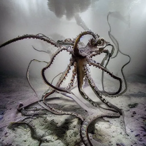 Image similar to an octopus made out of decaying human skeleton, beautiful underwater nature photograph with dynamic lighting and murky water