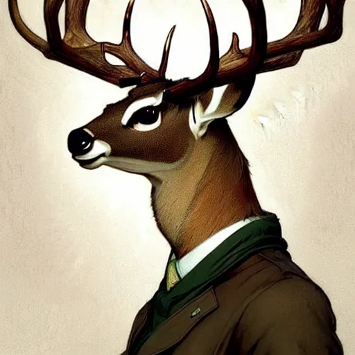 Image similar to anthropomorphic shy and nerdy deer with exquisite antlers. Renowned character illustration by greg rutkowski, thomas kindkade, alphonse mucha, loish, norman rockwell. Trending on FurAffinity.