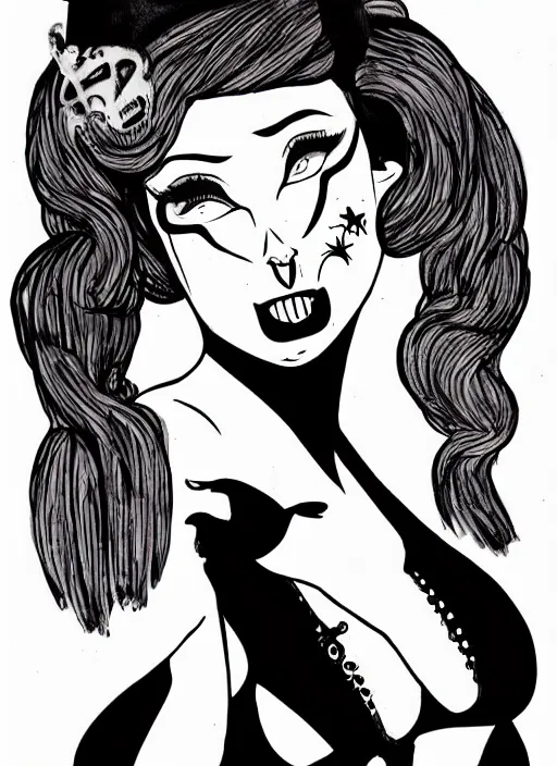 Image similar to goth girl burlesque psychobilly punk with a black background, drawing, illustration