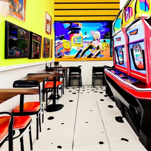 Image similar to photo of a sober styled retro arcade / cafe with 8 0 s art on the tall white walls, wide angle shot 4 k hdr