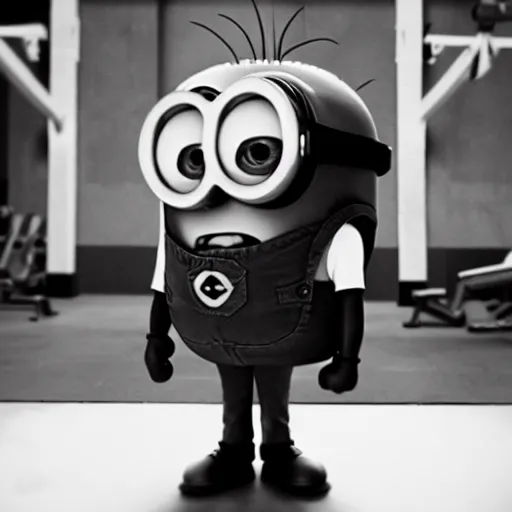 Image similar to black & white epic!!! photograph of a minion from “ despicable me ” in the gym, motivational poster, highly detailed, cinematic lighting, photo, award - winning photograph, professional photograph, dramatic posing, 8 k quality, dramatic rim lighting, high quality