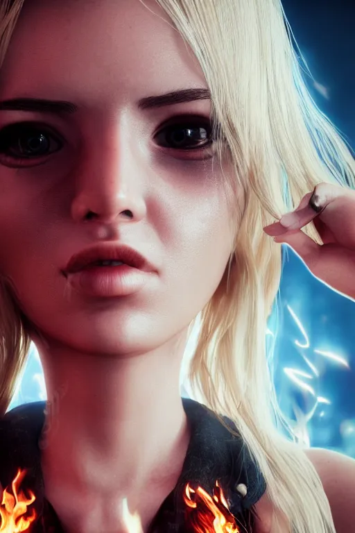 Prompt: young blonde woman playing with fire coming out of her eyes, cyberpunk, realistic, high definition, many details, dramatic scene, symmetrical face, realistic eyes, unreal engine art 5