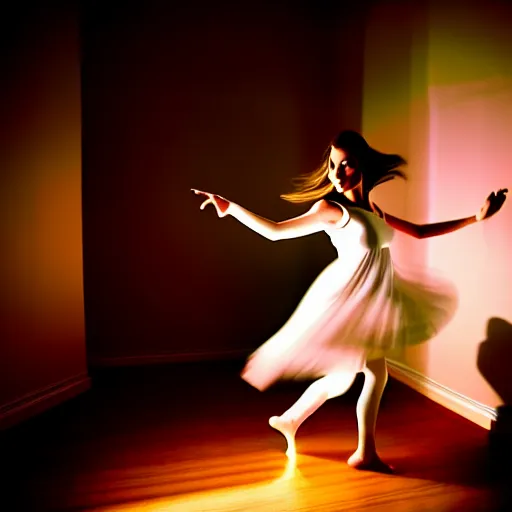 Image similar to cute girl wearing white dancing joyfully in her bedroom at night, dark atmospheric lighting, elegant, highly detailed, heavy grain, sharp focus, depth of field, radiant light, 8 k, hdr, beautiful composition, photographed by steve mccurry