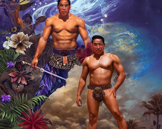 Image similar to buff duke kahanamoku as a hawaiian warrior emerging from a surrounded intergalactic planets connected by streams of multiversal flow, sigma male, gigachad, lush garden of majestic flowers, visually stunning, luxurious, by wlop, james jean, jakub rebelka, tran nguyen, peter mohrbacher, yoann lossel
