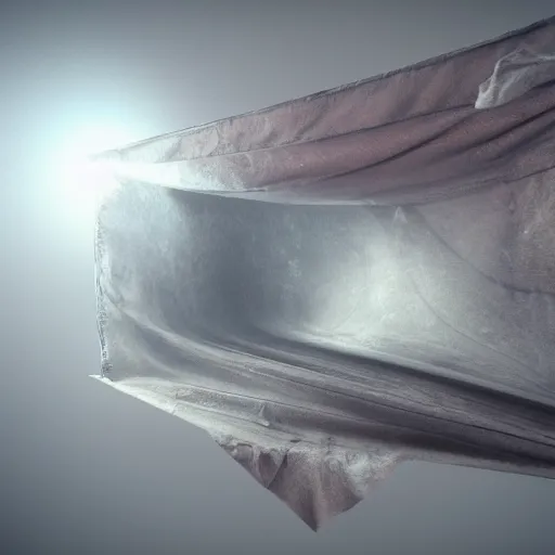 Prompt: hard surface 3d model of a scifi geometric angular structure, hidden behind torn cloth swirling violently, abstract cloth simulation, tattered fabric, rags, ragged, ephemeral, gradients, hyperdetailed, hyper realistic, Cozy, soft light, caustic, atmospheric fog, Octane Render, cinematic