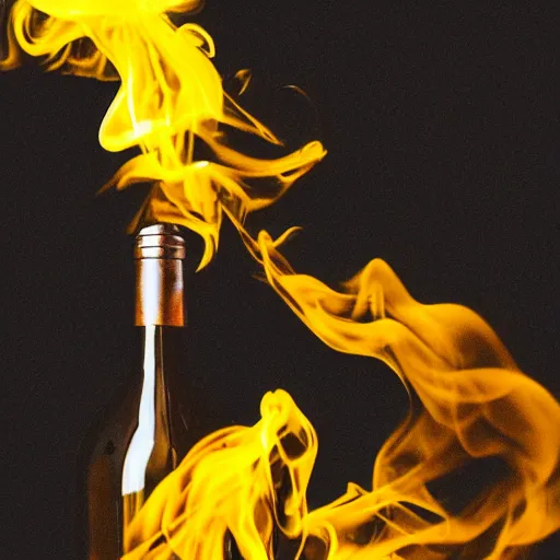 Prompt: wine bottle covered in artistic yellow smoke with a black background