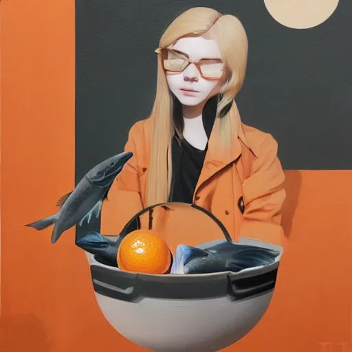 Prompt: Elle Fanning as Solid Snake holding a fish bowl with an orange gold fish inside picture by Sachin Teng, asymmetrical, dark vibes, Realistic Painting , Organic painting, Matte Painting, geometric shapes, hard edges, graffiti, street art:2 by Sachin Teng:4