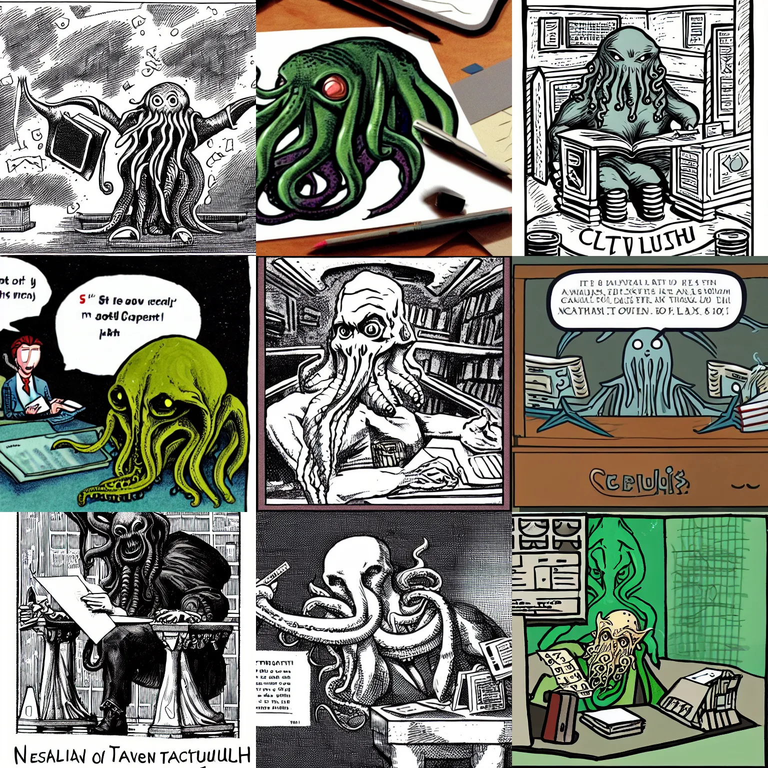 Prompt: Illustration of Cthulhu doing taxes, classical