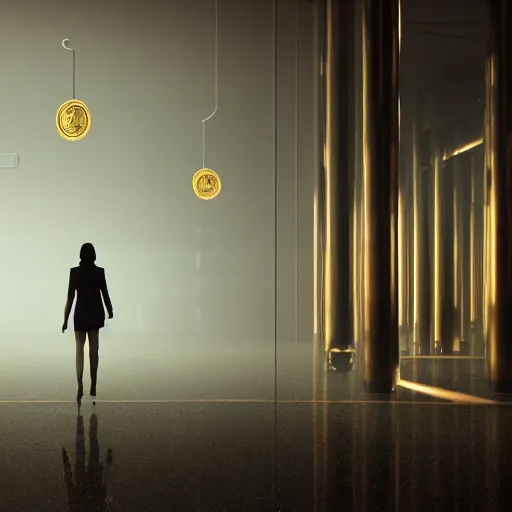 Image similar to Dramatic photo of a tall woman walking in an office. Golden coins are levitating all around them. 8k, high detail, trending on Artstation, volumetric lighting, cyberpunk,