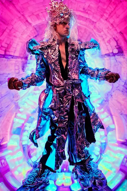 Prompt: full-body rococo and cyberpunk delicate neon crystalline sculpture of ((young muscular golden albino prince Joe Jonas)) as an blue iridescent humanoid deity wearing ((peach plastic hooded cloak)) (holding a human skull) in a black castle dungeon, reclining, glowing pink face, crown of (pink lasers), large blue diamonds, swirling black silk fabric. futuristic elements. oozing glowing liquid, full-length view. space robots. intricate artwork by caravaggio. Trending on artstation, octane render, cinematic lighting from the right, hyper realism, octane render, 8k, depth of field, 3D