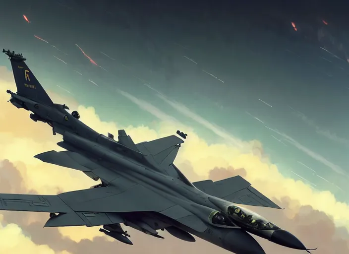 Prompt: portrait of figther jet evading, smoky sky background, lush landscape, illustration concept art anime key visual trending pixiv fanbox by wlop and greg rutkowski and makoto shinkai and studio ghibli and kyoto animation, us airforce, f 1 6, symmetrical mechanical features