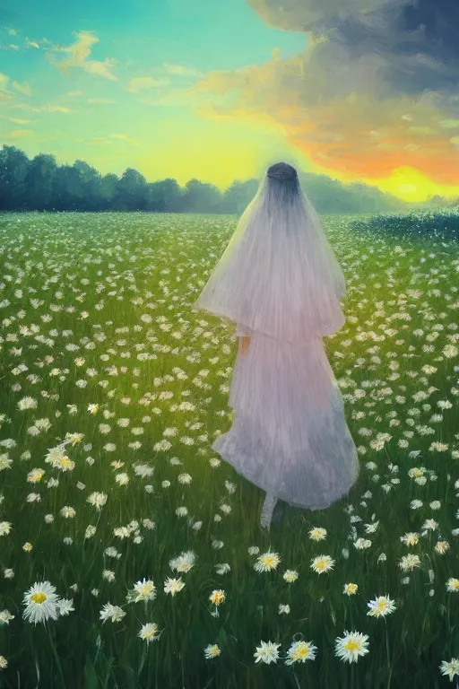 Image similar to giant white daisy flower veil, girl walking in a flower field, surreal photography, sunrise, dramatic light, impressionist painting, colorful clouds, digital painting, artstation, simon stalenhag