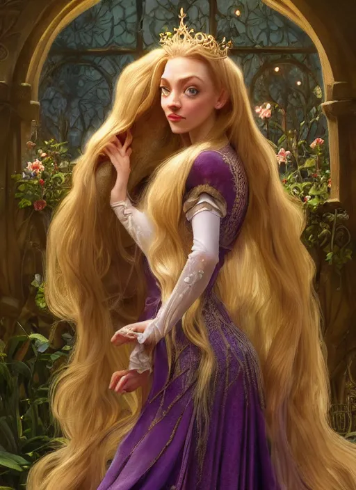 Image similar to amanda seyfried as the rapunzel princess, d & d, fantasy, intricate, elegant, highly detailed, digital painting, artstation, concept art, matte, sharp focus, illustration, art by artgerm and greg rutkowski and alphonse mucha, masterpiece, stunning, artstation