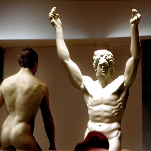 Prompt: greek statue of Heraclite in American Psycho (1999)