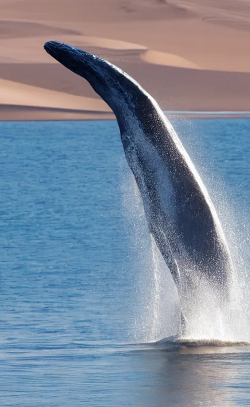 Prompt: blue whales jumping in sand dunes, photography