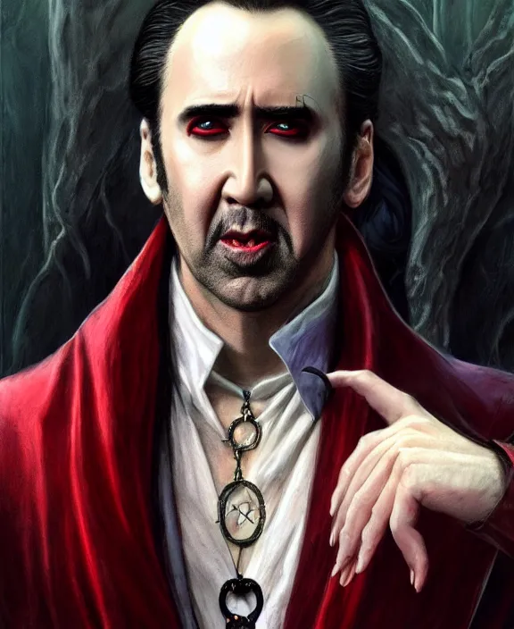 Image similar to nicolas cage as dracula, highly detailed, centered, artstation, concept art, smooth, sharp focus, illustration, bokeh art by artgerm and donato giancola and joseph christian leyendecker