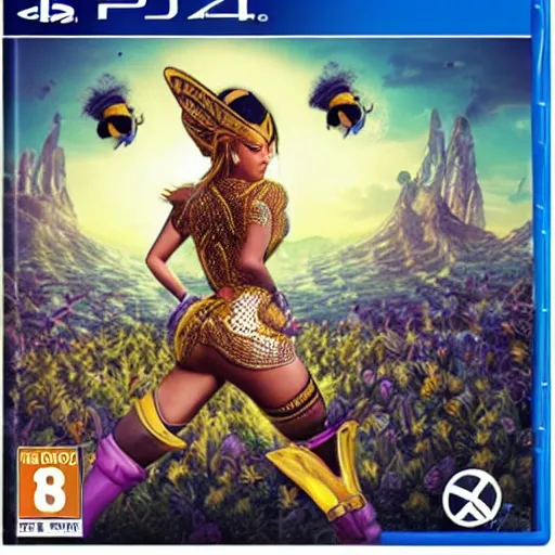 Prompt: video game box art of a ps 4 game called beyonce's queen bee attack, 4 k, highly detailed cover art.