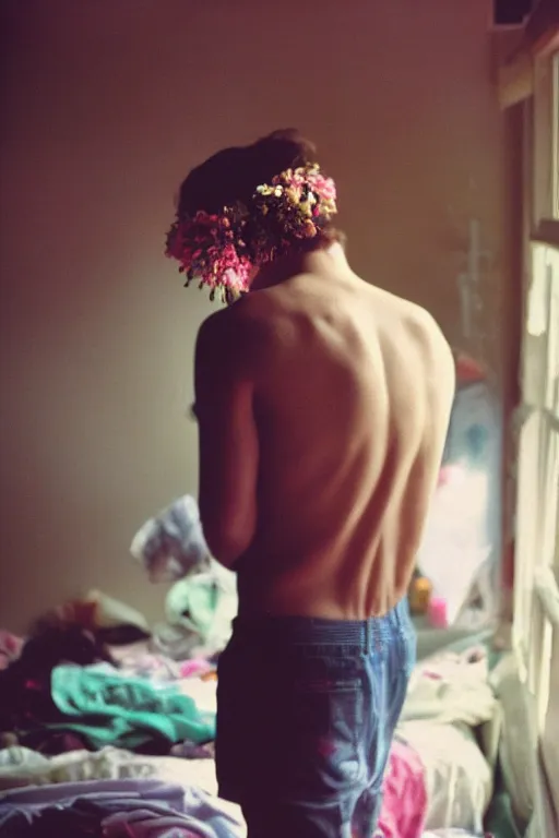 Image similar to kodak portra 4 0 0 photograph of a guy wearing a flower crown in a cluttered messy 9 0 s bedroom, back view, lens flare, moody lighting, moody vibe, telephoto, 9 0 s vibe, blurry background, grain, tranquil, calm, faded!,