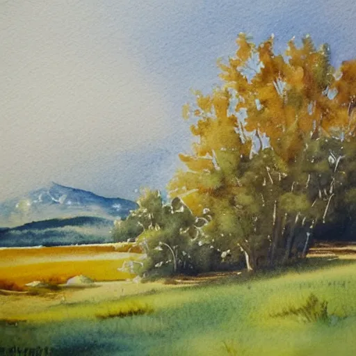 Prompt: beautiful countryside in watercolor painting