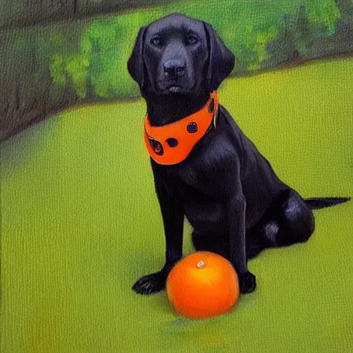 Prompt: portrait style oil painting of a black Labrador retriever with an orange collar, high quality, professional