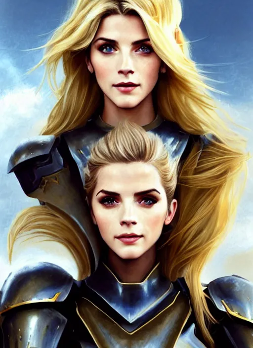 Prompt: portrait of a combination of Ashley Greene, Katheryn Winnick, Victoria Justice and Adriana Dxim, Grace Kelly, Emma Watson and Lily Collins with blonde hair wearing Varia Armor from Metroid Prime, countryside, calm, fantasy character portrait, dynamic pose, above view, sunny day, thunder clouds in the sky, artwork by Jeremy Lipkin and Giuseppe Dangelico Pino and Michael Garmash and Rob Rey and Greg Manchess and Huang Guangjian, very coherent asymmetrical artwork, sharp edges, perfect face, simple form, 100mm