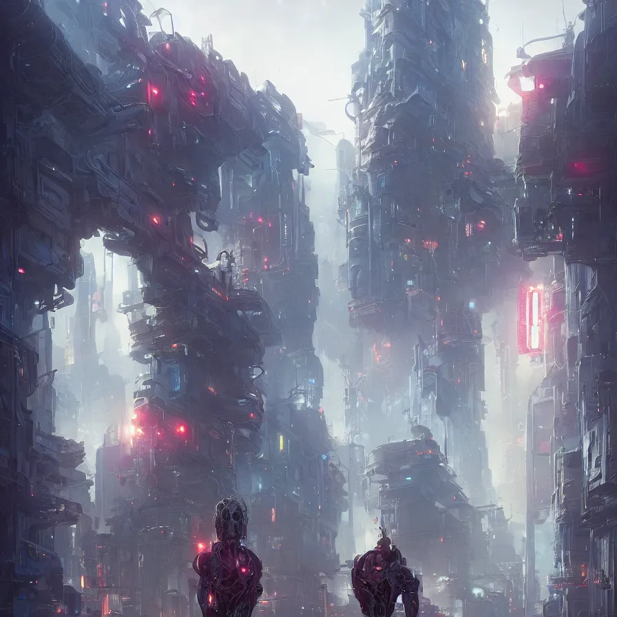 Prompt: portrait of cyborg in futuristic city, stephen bliss, unreal engine, fantasy art by greg rutkowski, loish, rhads, ferdinand knab, makoto shinkai and lois van baarle, ilya kuvshinov, rossdraws, tom bagshaw, global illumination, radiant light, detailed and intricate environment