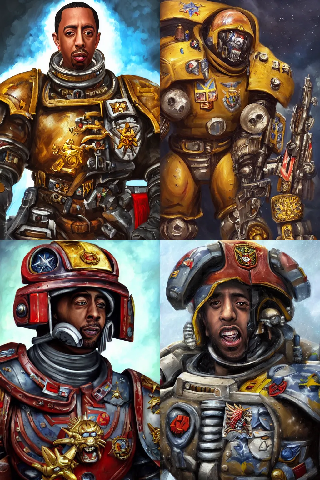 Prompt: A hyperdetailed digital oil portrait painting of Ludacris as a Space Marine from Warhammer 40k, Trending on ArtStation and DeviantArt. Digital art.