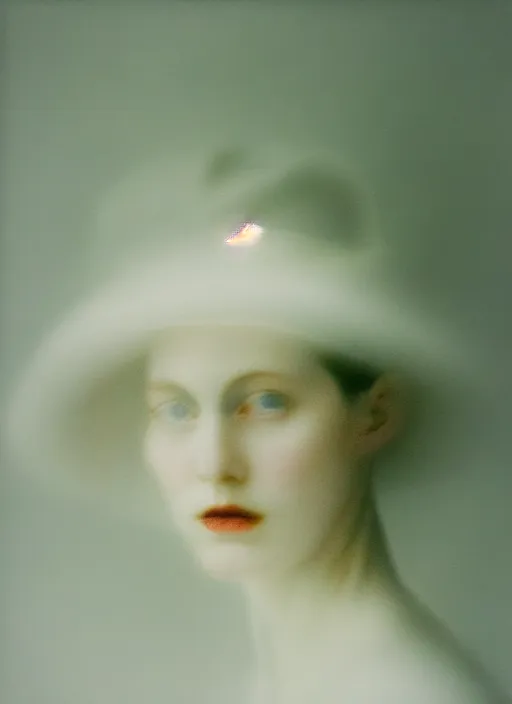 Image similar to out of focus photorealistic portrait of a beautiful pale young woman by sarah moon, very blurry, translucent white skin, closed eyes, foggy, closeup, with a weird hat